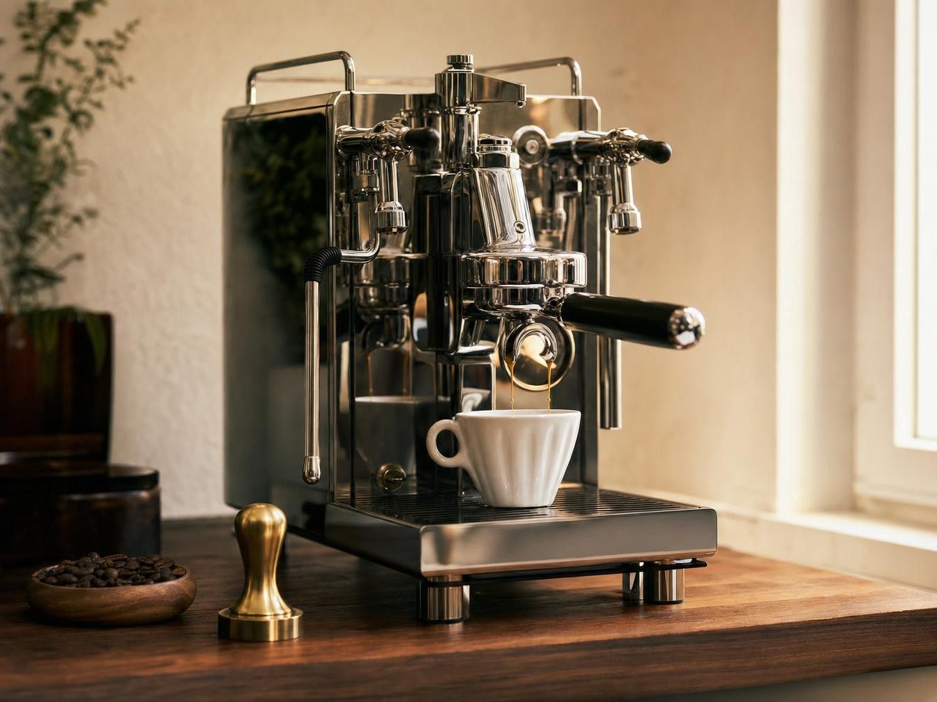 Verchromte Siebträger-Espressomaschine mit auslaufendem Espresso